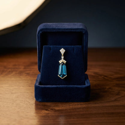 London Blue Topaz and Diamond Shield Drop Earrings in 14k Yellow Gold 1/4ctw — gift presentation