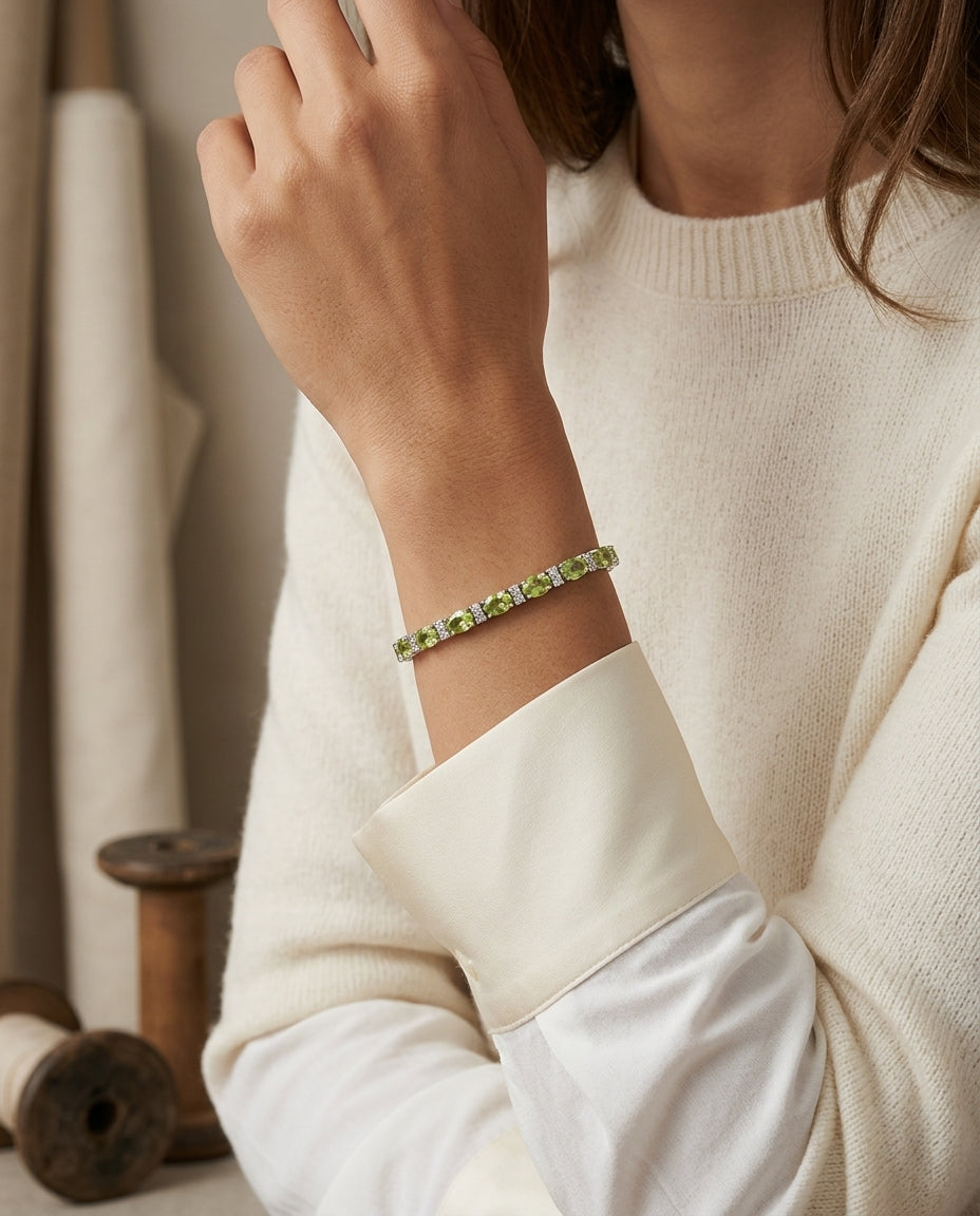 Peridot And Diamond Bracelet In 14k Yellow Gold — editorial close-up