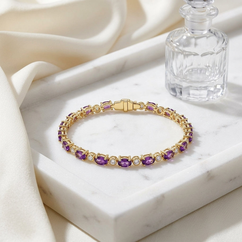 Amethyst And Diamond Oval Bracelet With Round Bezel Links In 14k Yellow Gold (5x3mm) — atelier still life