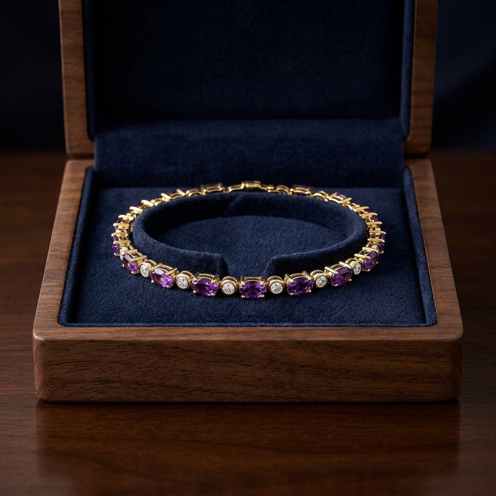 Amethyst And Diamond Oval Bracelet With Round Bezel Links In 14k Yellow Gold (5x3mm) — gift presentation