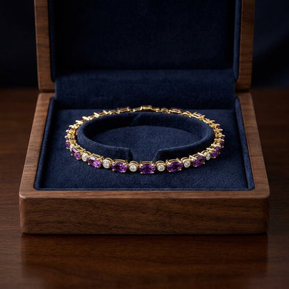 Amethyst And Diamond Oval Bracelet With Round Bezel Links In 14k Yellow Gold (5x3mm) — gift presentation