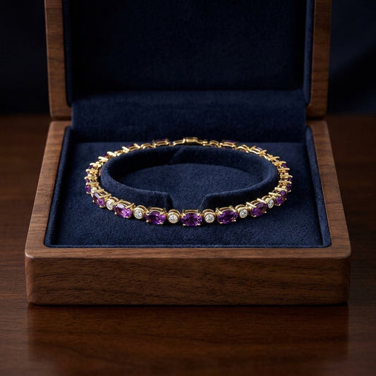 Amethyst And Diamond Oval Bracelet With Round Bezel Links In 14k Yellow Gold (5x3mm) — gift presentation