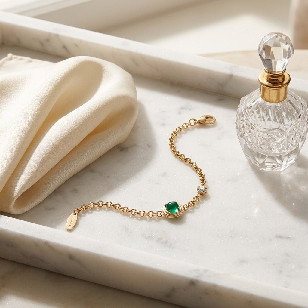 Diamond Bracelet with Created Emerald 7x5 Cushion Bracelet in 14k Yellow Gold — marble silk