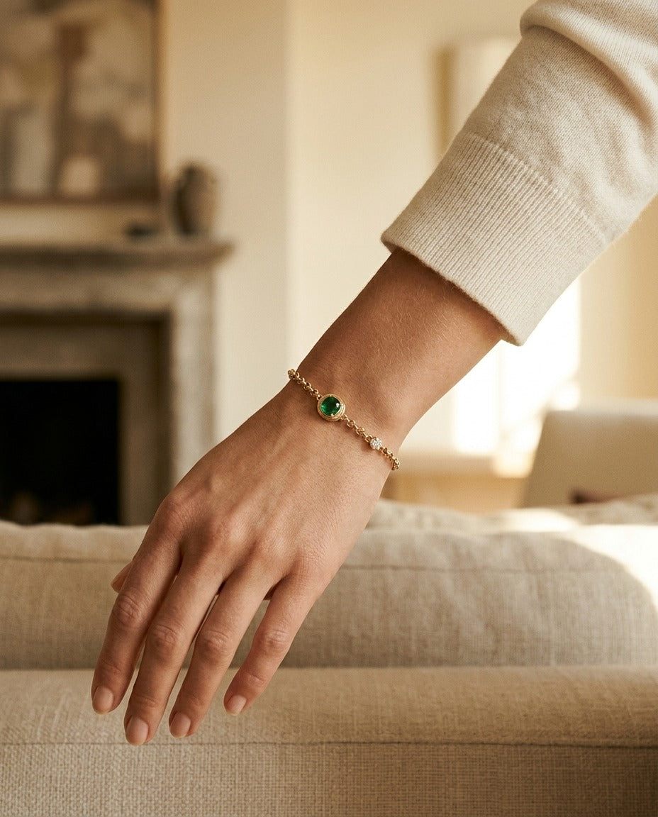 Diamond Bracelet with Created Emerald 7x5 Cushion Bracelet in 14k Yellow Gold — portrait close