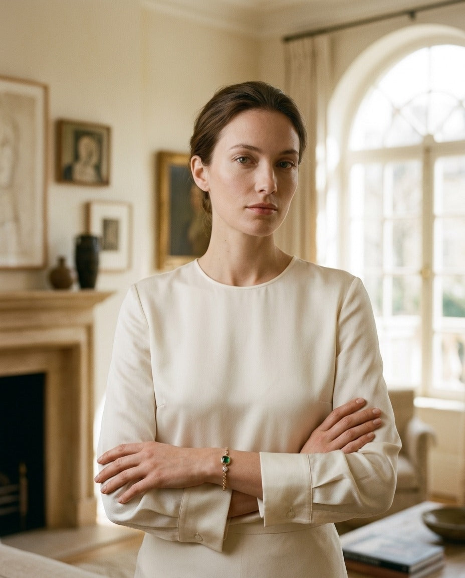 Diamond Bracelet with Created Emerald 7x5 Cushion Bracelet in 14k Yellow Gold — portrait full