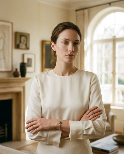 Diamond Bracelet with Created Emerald 7x5 Cushion Bracelet in 14k Yellow Gold — portrait full