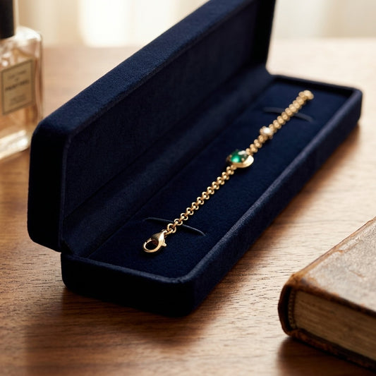 Diamond Bracelet with Created Emerald 7x5 Cushion Bracelet in 14k Yellow Gold — velvet box
