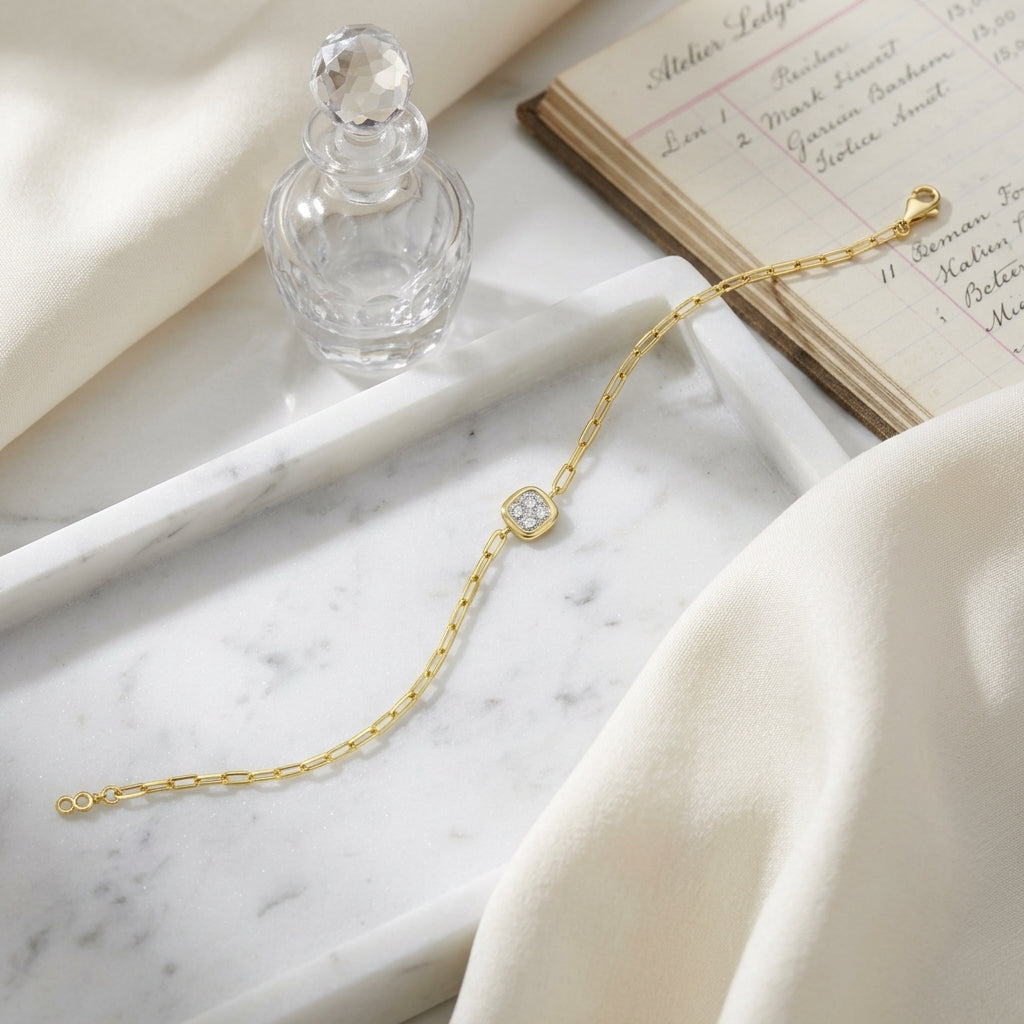 Diamond Paper Clip Bracelet With Cushion Motif in 14k Yellow Gold 1/6ctw — atelier still life