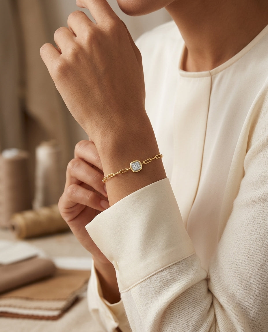 Diamond Paper Clip Bracelet With Cushion Motif in 14k Yellow Gold 1/6ctw — editorial close-up