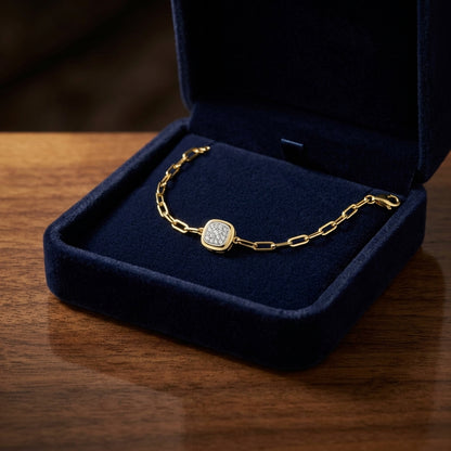 Diamond Paper Clip Bracelet With Cushion Motif in 14k Yellow Gold 1/6ctw — gift presentation