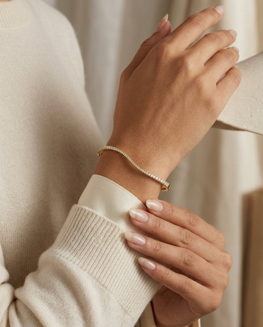 Diamond Wave Bangle Bracelet in 14k Yellow Gold 4/5ctw — editorial close-up
