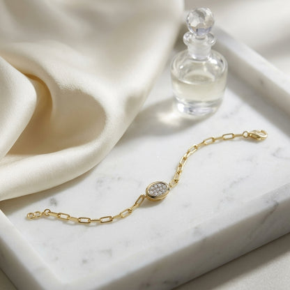 Diamond Paper Clip Bracelet With Oval Motif in 14k Yellow Gold 1/6ctw — atelier still life
