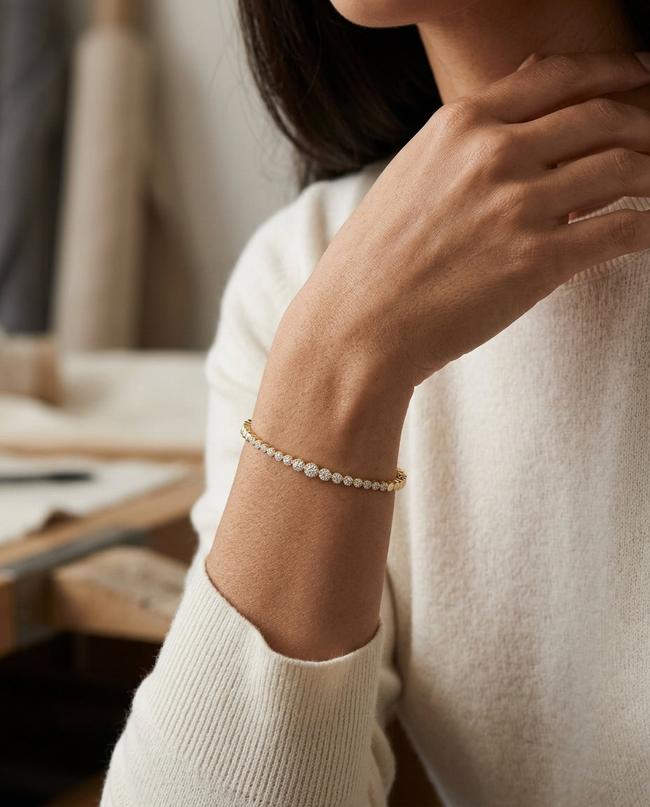 Diamond Graduated Beaded Bangle Bracelet in 14k Yellow Gold 1/4ctw — editorial close-up