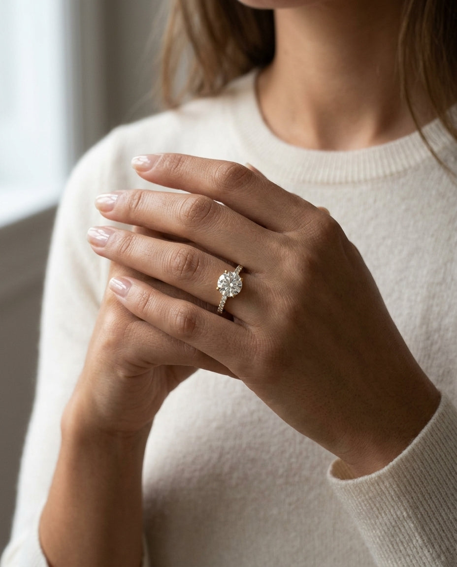 1 1/6ctw Round Diamond Classic Petite Split Prong Igi-certified Engagement Ring In 14k Yellow Gold — editorial close-up