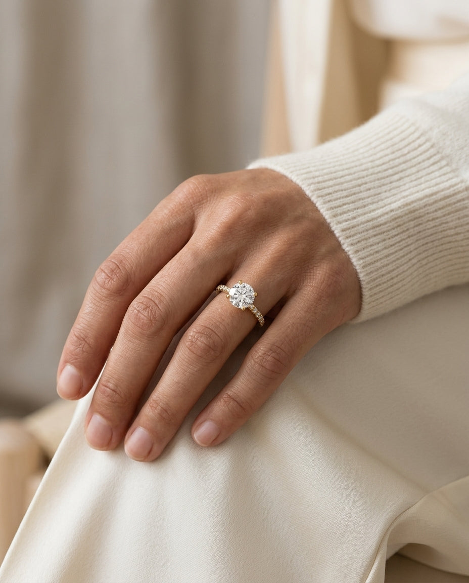 1 1/5ctw Round Center Classic Petite Split Prong Diamond Engagement Ring In 14k Yellow Gold, Igi-certified — editorial close-up