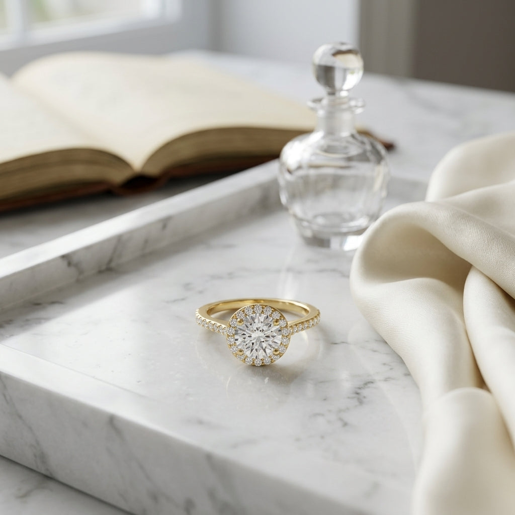 1 1/12ctw Round Diamond Halo Engagement Ring With Pave Shank In 14k Yellow Gold, Igi-certified — atelier still life