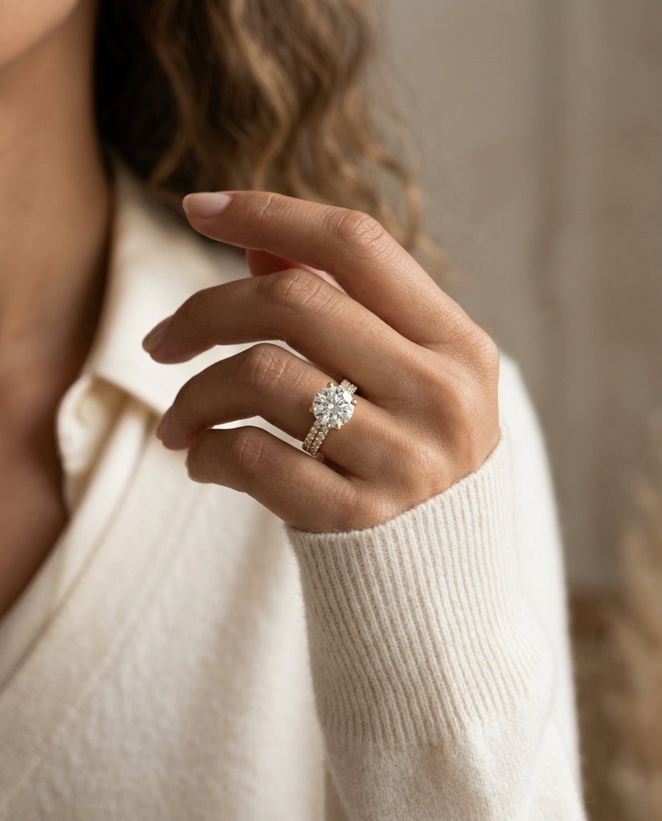 1 1/4ctw Round Diamond Double Row Engagement Ring With Micro U Set Pave In 14k Yellow Gold, Igi-certified — editorial close-up