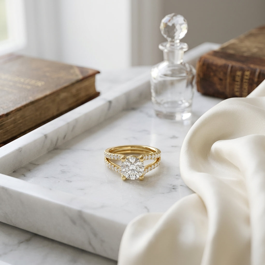 1 1/2ctw Round Diamond Engagement Ring With Pave Split Shank In 14k Yellow Gold, Igi-certified — atelier still life