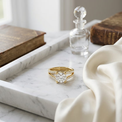 1 1/2ctw Round Diamond Engagement Ring With Pave Split Shank In 14k Yellow Gold, Igi-certified — atelier still life