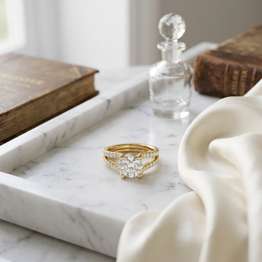 1 1/2ctw Round Diamond Engagement Ring With Pave Split Shank In 14k Yellow Gold, Igi-certified — atelier still life