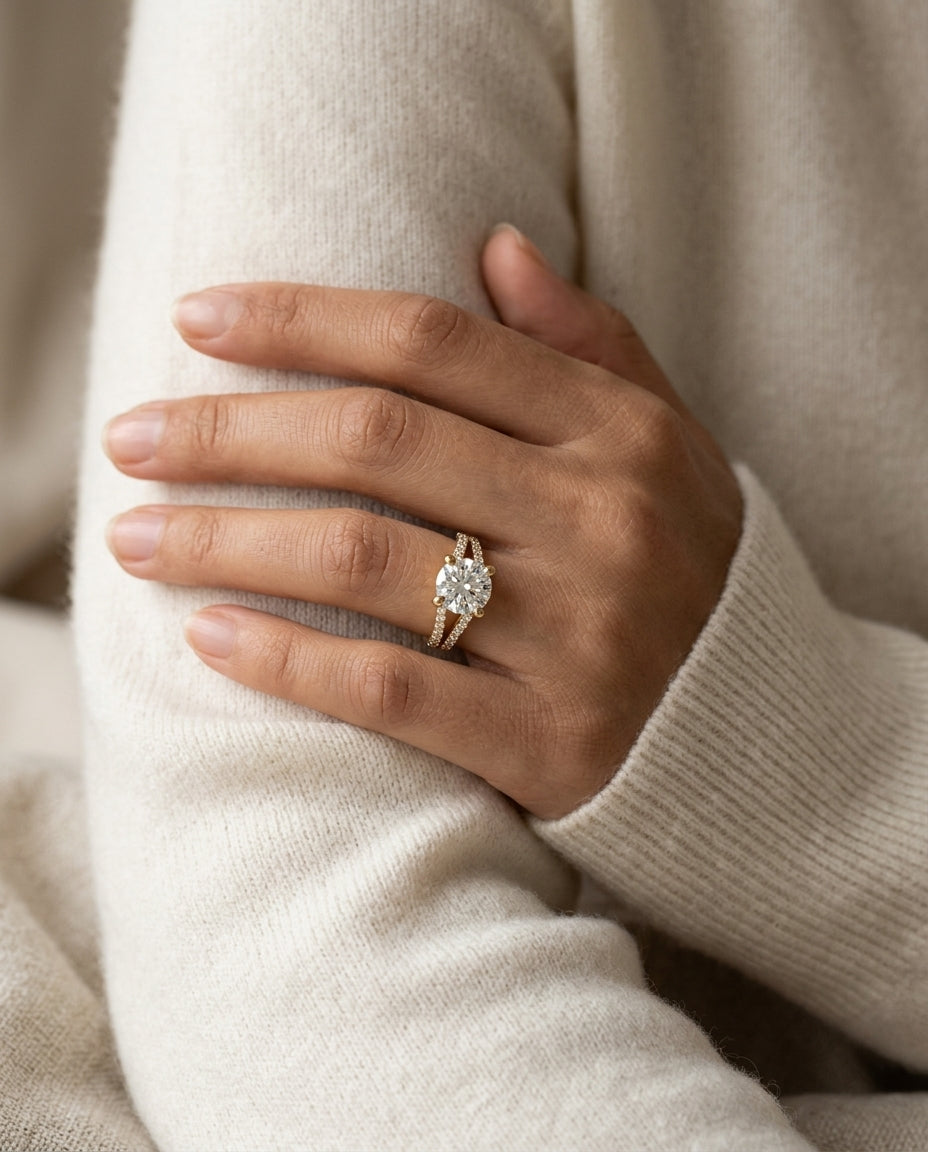 1 1/2ctw Round Diamond Engagement Ring With Pave Split Shank In 14k Yellow Gold, Igi-certified — editorial close-up