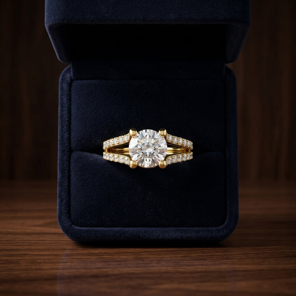 1 1/2ctw Round Diamond Engagement Ring With Pave Split Shank In 14k Yellow Gold, Igi-certified — gift presentation