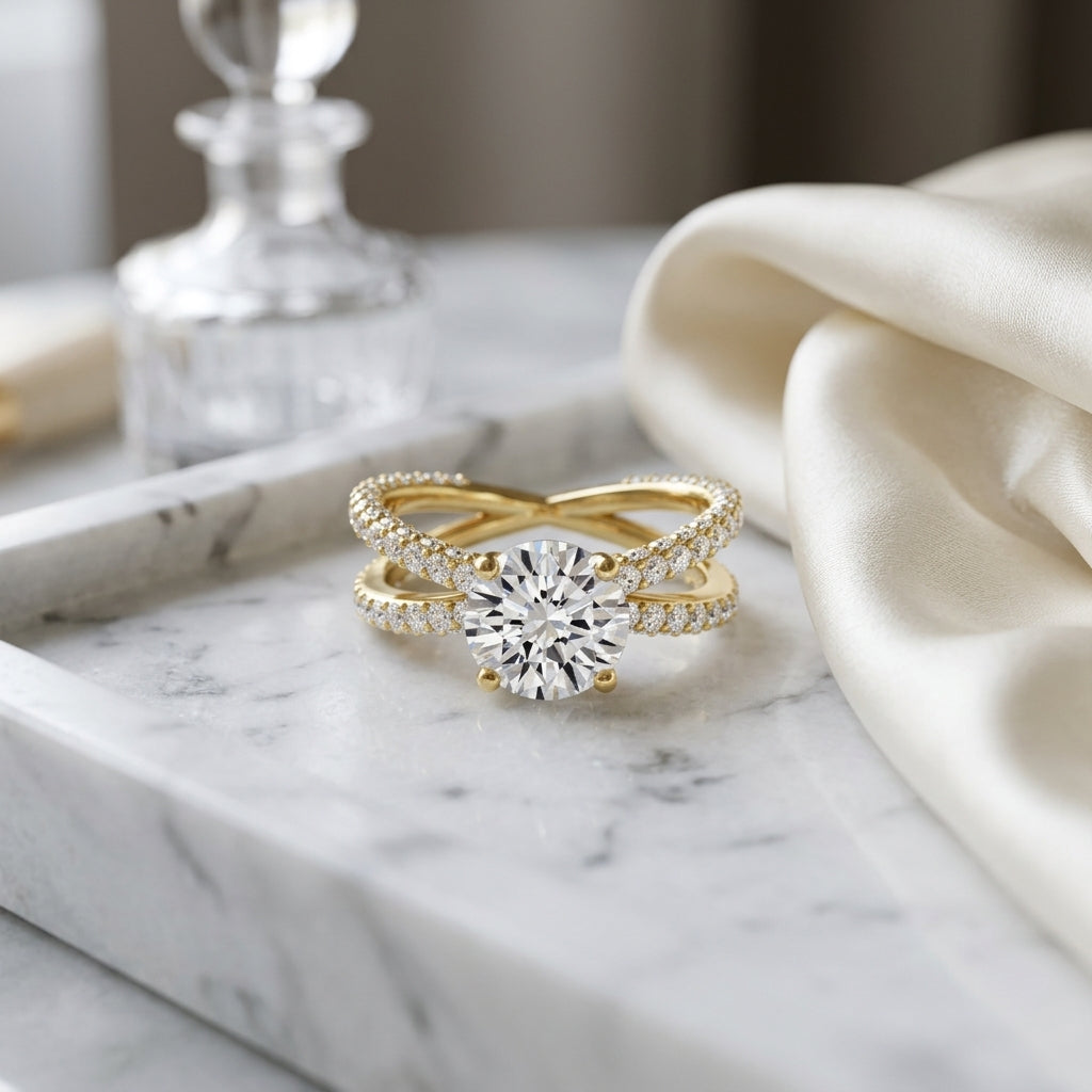 2 1/4ctw Round Diamond Engagement Ring With Crossover Pave Shank In 14k Yellow Gold, Igi-certified — atelier still life
