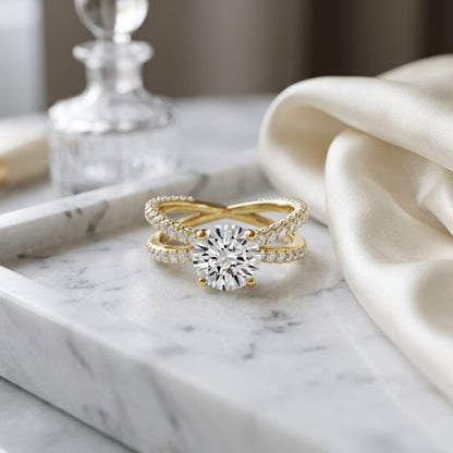 2 1/4ctw Round Diamond Engagement Ring With Crossover Pave Shank In 14k Yellow Gold, Igi-certified — atelier still life