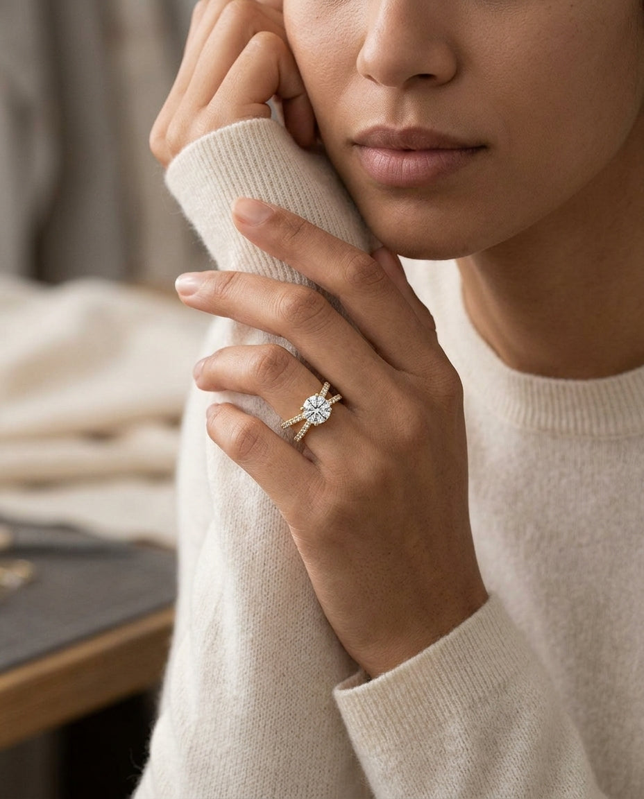 2 1/4ctw Round Diamond Engagement Ring With Crossover Pave Shank In 14k Yellow Gold, Igi-certified — editorial close-up