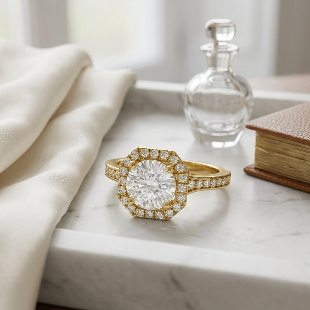 1 1/3ctw Round Diamond Engagement Ring With Octagon Halo Frame And Pave Shank In 14k Yellow Gold, Igi-certified — atelier still life