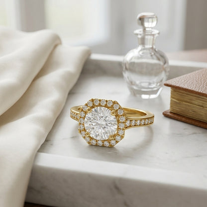 1 1/3ctw Round Diamond Engagement Ring With Octagon Halo Frame And Pave Shank In 14k Yellow Gold, Igi-certified — atelier still life