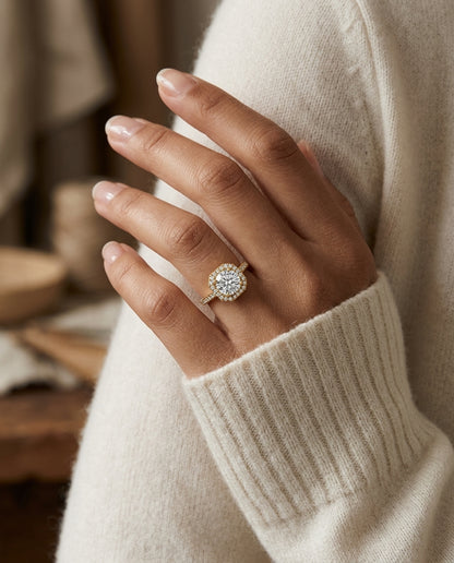1 1/3ctw Round Diamond Engagement Ring With Octagon Halo Frame And Pave Shank In 14k Yellow Gold, Igi-certified — editorial close-up