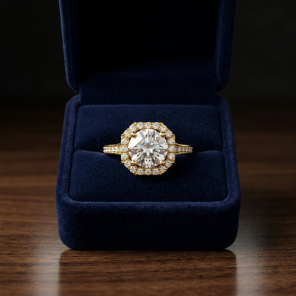 1 1/3ctw Round Diamond Engagement Ring With Octagon Halo Frame And Pave Shank In 14k Yellow Gold, Igi-certified — gift presentation