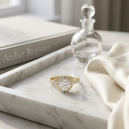 1 3/8ctw Round Diamond Halo Engagement Ring With Petite Pave Shank In 14k Yellow Gold, Igi-certified — atelier still life