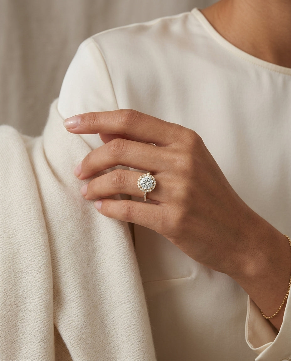 1 3/8ctw Round Diamond Halo Engagement Ring With Petite Pave Shank In 14k Yellow Gold, Igi-certified — editorial close-up