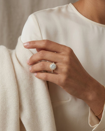 1 3/8ctw Round Diamond Halo Engagement Ring With Petite Pave Shank In 14k Yellow Gold, Igi-certified — editorial close-up