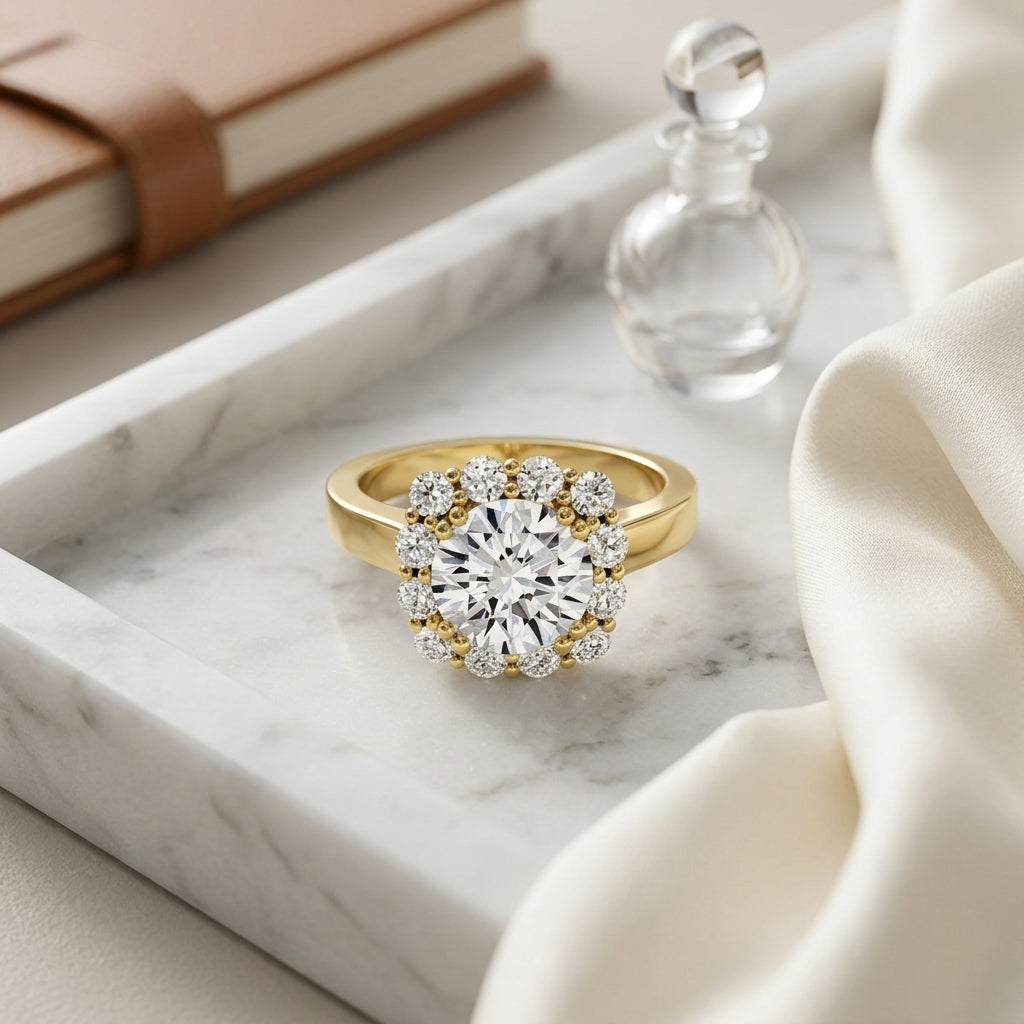 1 3/8ctw Round Diamond Halo Engagement Ring In 14k Yellow Gold, Igi-certified — atelier still life