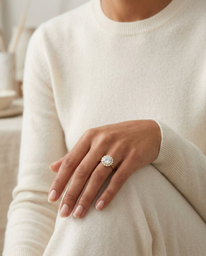 1 3/8ctw Round Diamond Halo Engagement Ring In 14k Yellow Gold, Igi-certified — editorial close-up