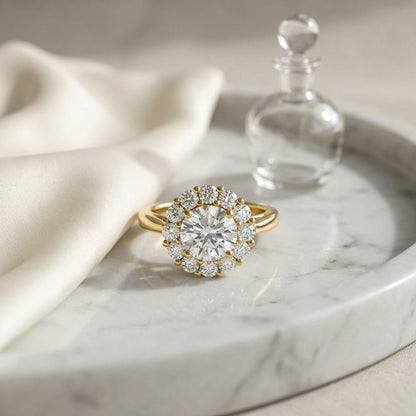 1 4/5ctw Round Diamond Prong-set Halo Engagement Ring In 14k Yellow Gold, Igi-certified — atelier still life