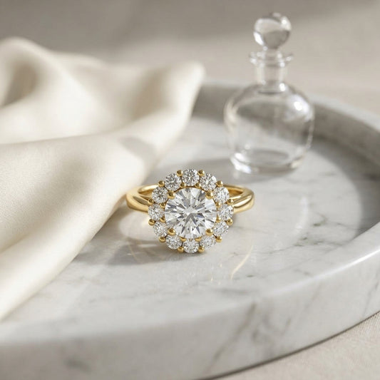 1 4/5ctw Round Diamond Prong-set Halo Engagement Ring In 14k Yellow Gold, Igi-certified — atelier still life