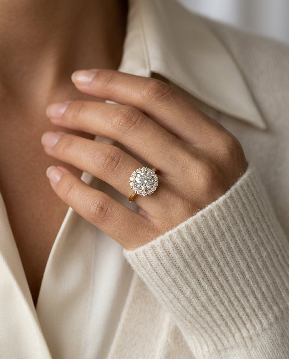 1 4/5ctw Round Diamond Prong-set Halo Engagement Ring In 14k Yellow Gold, Igi-certified — editorial close-up