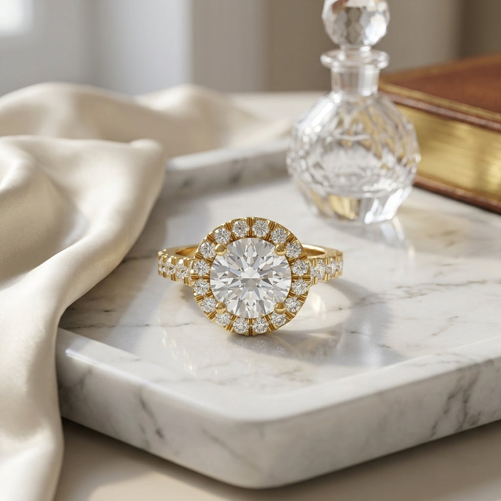 1 2/3ctw Round Diamond Halo Engagement Ring With Graduated Shank In 14k Yellow Gold, Igi-certified — atelier still life