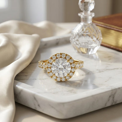 1 2/3ctw Round Diamond Halo Engagement Ring With Graduated Shank In 14k Yellow Gold, Igi-certified — atelier still life