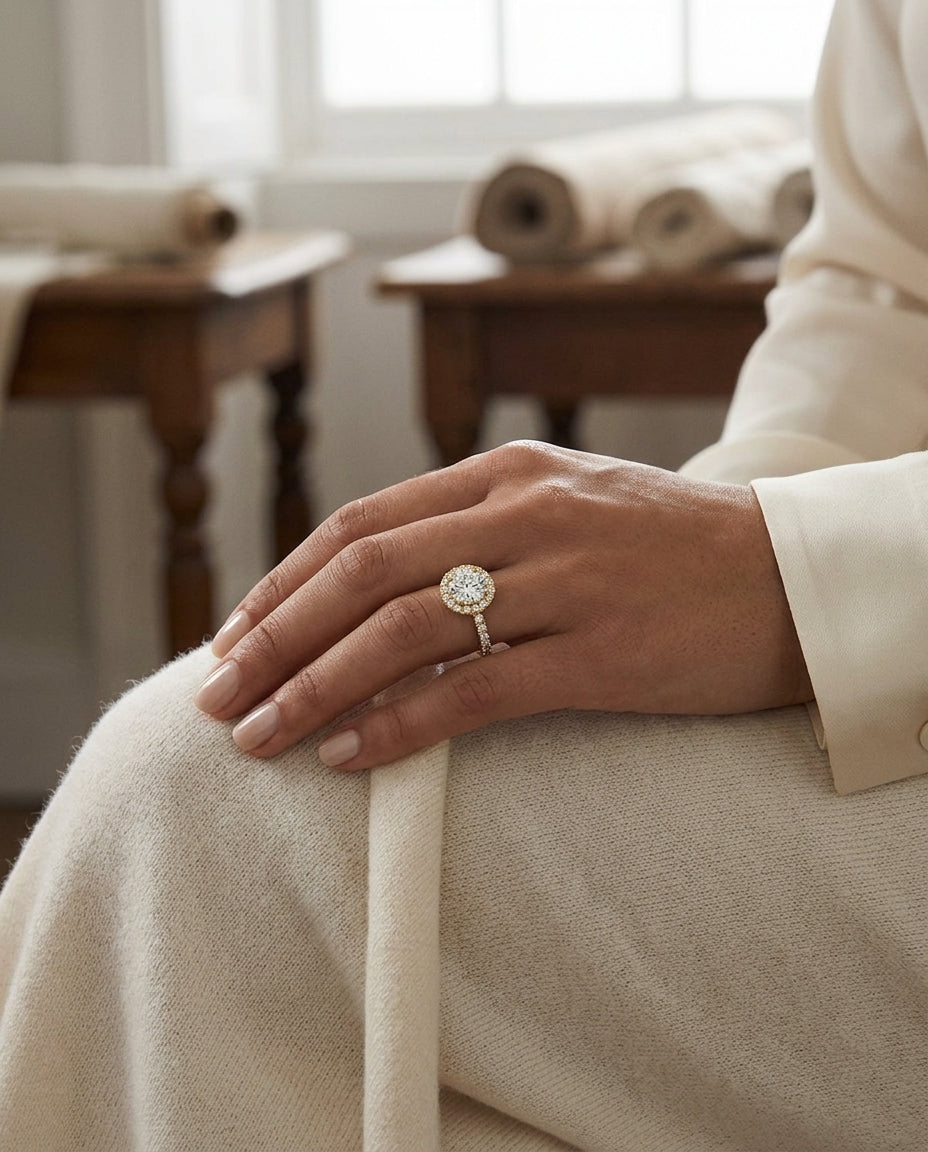1 2/3ctw Round Diamond Halo Engagement Ring With Graduated Shank In 14k Yellow Gold, Igi-certified — editorial close-up