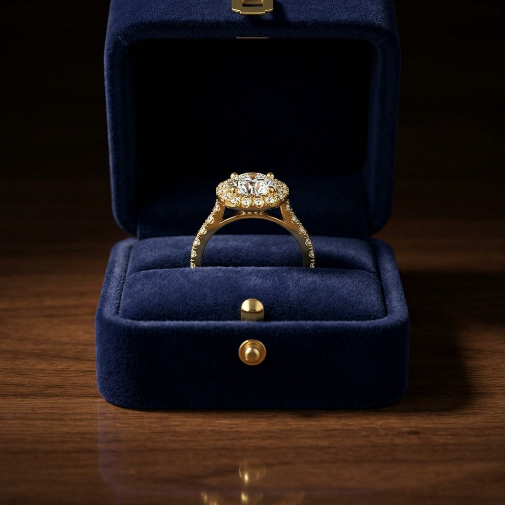 1 2/3ctw Round Diamond Halo Engagement Ring With Graduated Shank In 14k Yellow Gold, Igi-certified — gift presentation