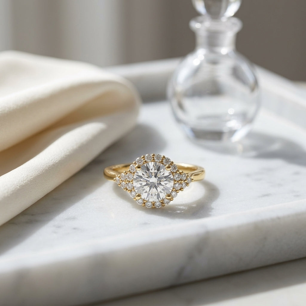 1 1/4ctw Round Diamond Halo Engagement Ring With Scroll Gallery In 14k Yellow Gold, Igi-certified — atelier still life