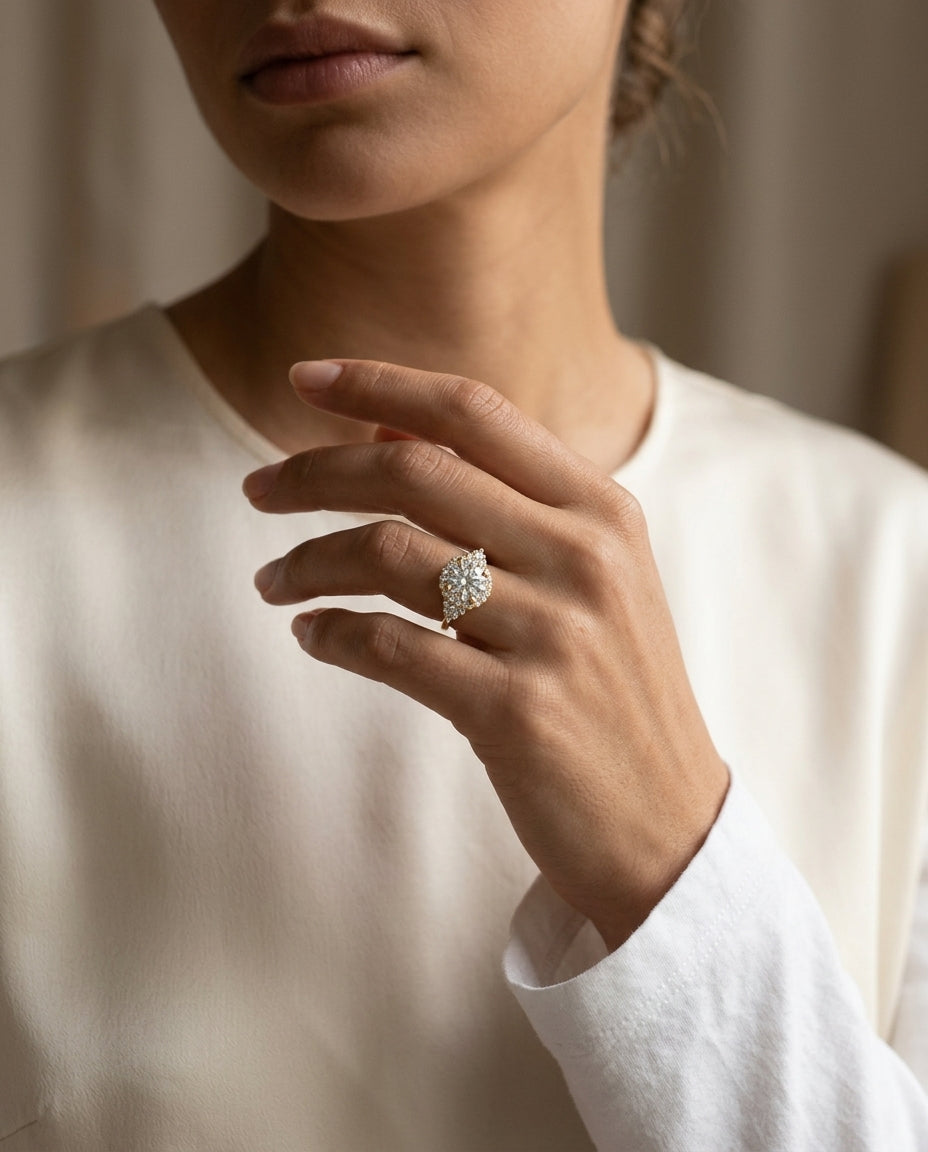 1 1/4ctw Round Diamond Halo Engagement Ring With Scroll Gallery In 14k Yellow Gold, Igi-certified — editorial close-up