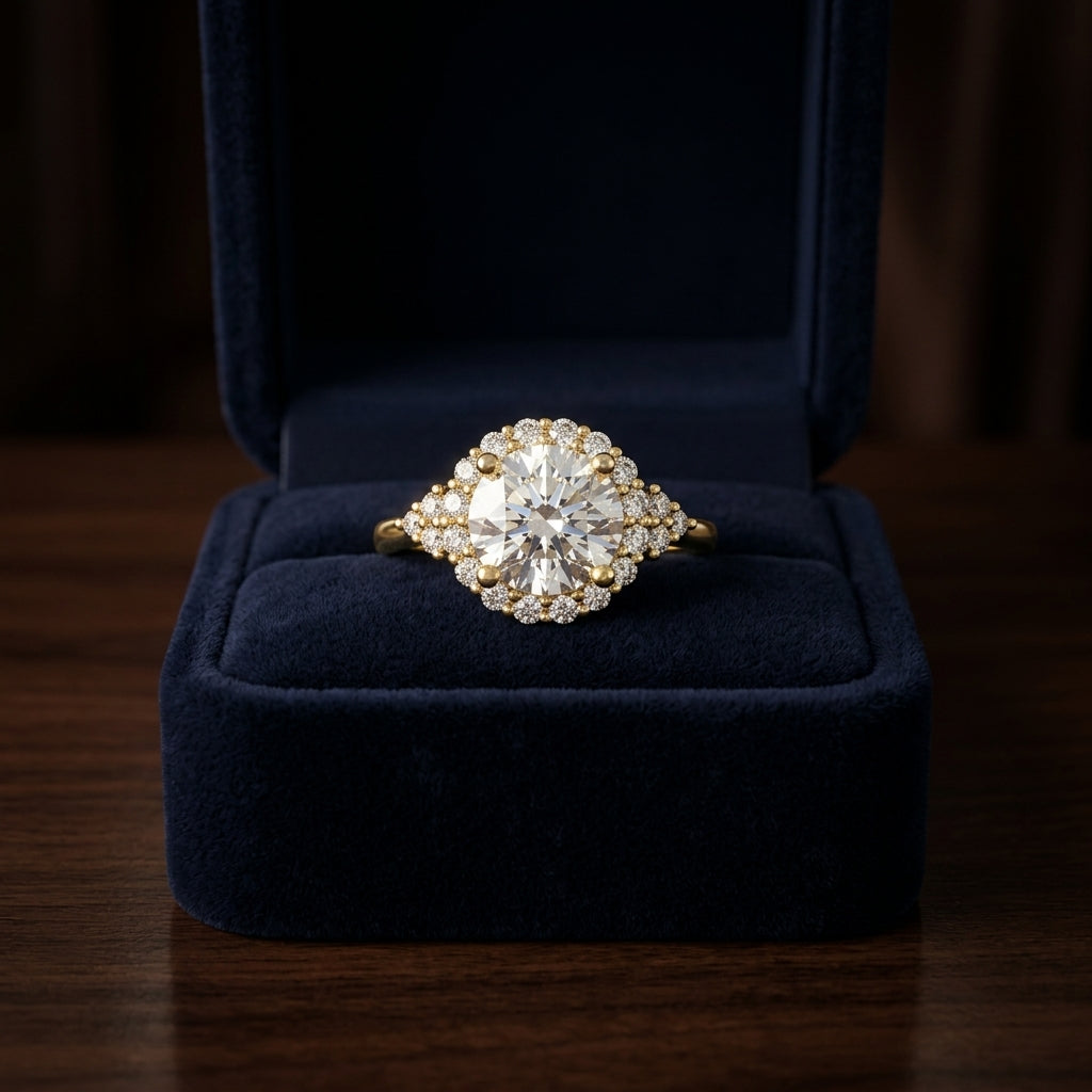 1 1/4ctw Round Diamond Halo Engagement Ring With Scroll Gallery In 14k Yellow Gold, Igi-certified — gift presentation
