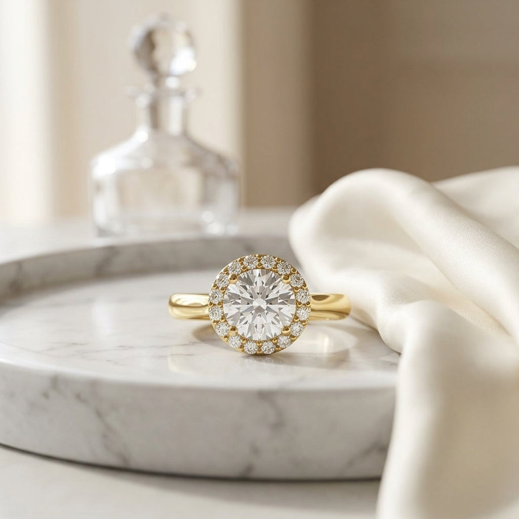 1 1/5ctw Round Diamond Classic Halo Engagement Ring In 14k Yellow Gold, Igi-certified — atelier still life