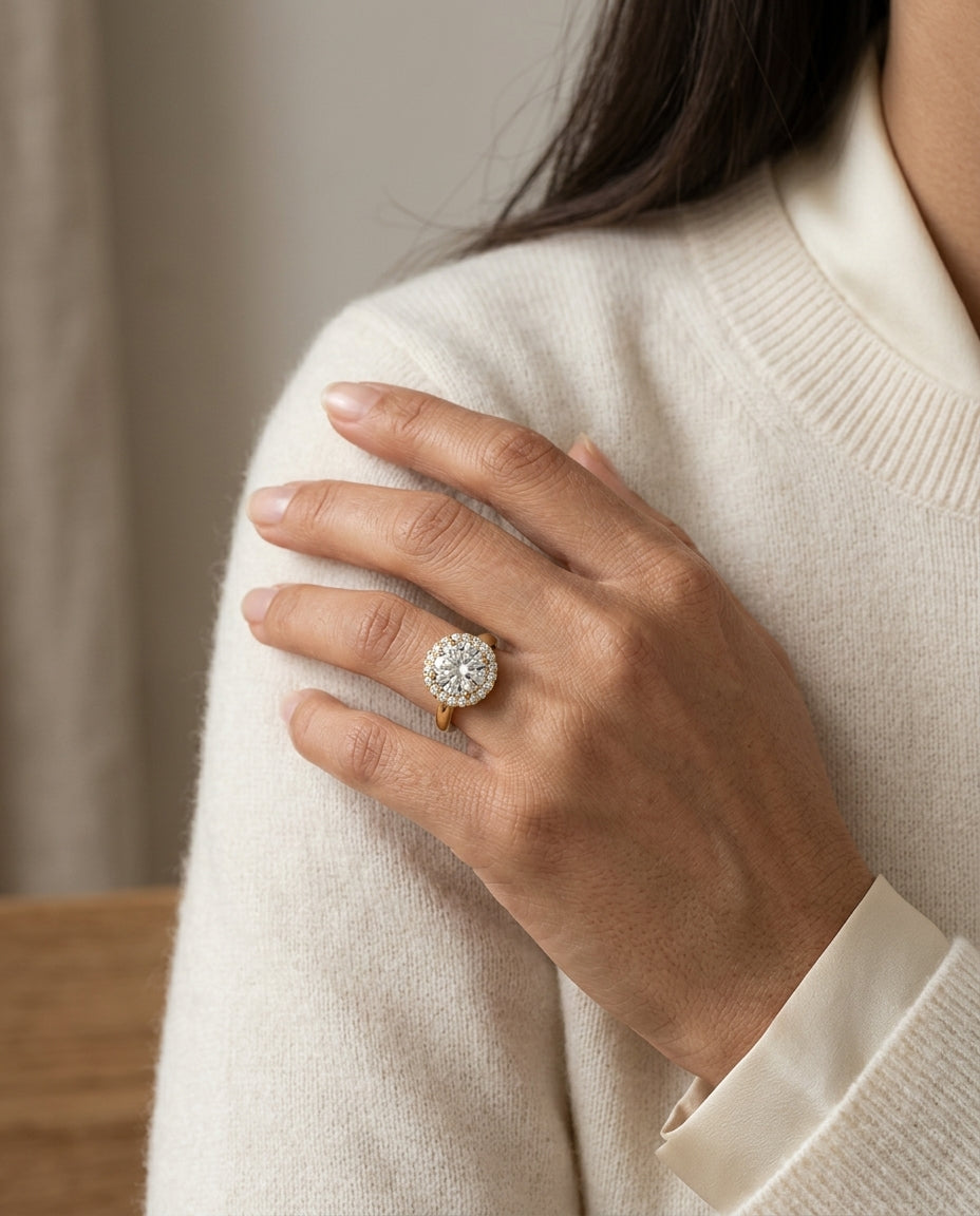 1 1/5ctw Round Diamond Classic Halo Engagement Ring In 14k Yellow Gold, Igi-certified — editorial close-up